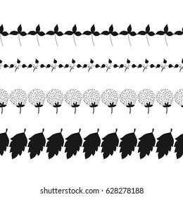 Black silhouette of plants, decorative border of flowers and leaves. Illustration for decorating, design.