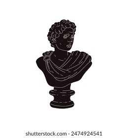 Schwarze Silhouette einer Gipsbüste von Apollo. Antike Skulptur, die einen gut aussehenden, gelockten Mann mit einem Umhang darstellt. Kultur des antiken Griechenlands und Roms. Vektorillustration. Isoliert.