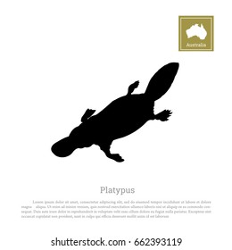 Black silhouette of platypus on a white background. Animals of Australia. Vector illustration.