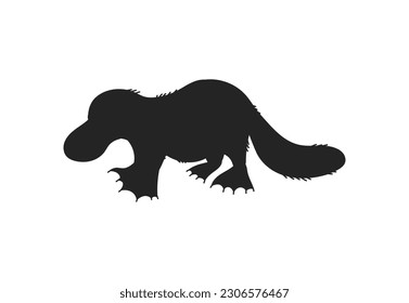 Black silhouette of platypus, vector illustration isolated on white background. Monochrome icon of duckbill. Native Australian animals, kids education concept.