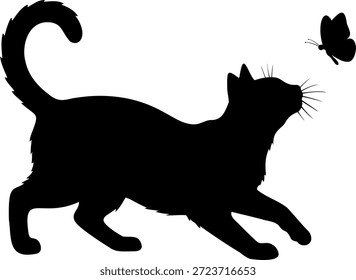 Black silhouette of a playful cat looking at a butterfly isolated on a transparent background nature and pets concept