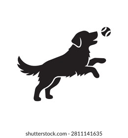 Black silhouette of a playful dog jumping to catch a ball