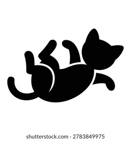 Black silhouette of a playful kitten lying on its back with legs up in the air animal