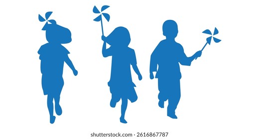 
Black silhouette of playing kids.  Active kids jumping or trampolining, outline elements collection, flat vector isolated on white background. 