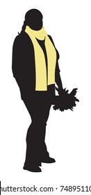 Black silhouette of a plump woman in a yellow scarf with a bouquet of leaves in her hand. Vector illustration