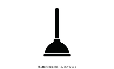 A black silhouette of a plunger tool, isolated on a white background. This graphic depicts a common household cleaning implement.