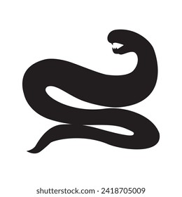 Black silhouette poisonous aggressive snake animal body, fairy tale Halloween character. Creepy shadow outline of nocturnal snake scarecrow. Simple black and white Vector isolated on white background