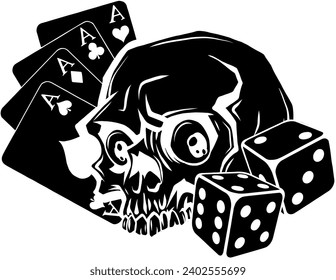 black silhouette of Poker cards with skull and dice vector illustration