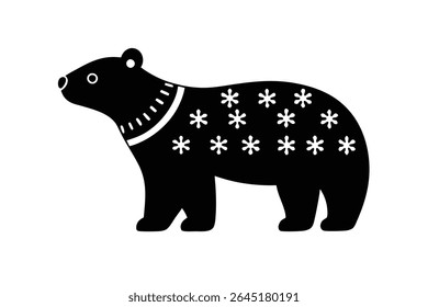 Black silhouette of a polar bear decorated with white snowflakes on a white background. The style is simple and minimalist vector illustration.