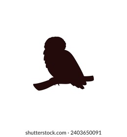 Black silhouette of polar owl sitting on branch flat style, vector illustration isolated on white background. Decorative design element, nature and wildlife