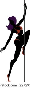 Black silhouette of pole dancer isolated on white background
