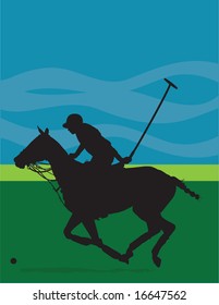 Black silhouette of a polo player and horse against a blue and green background