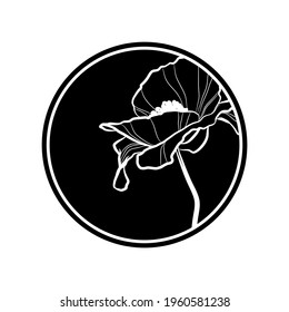 Black silhouette of poppy flower in black circle. Vector illustration.