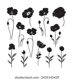 A black silhouette poppy flower set
