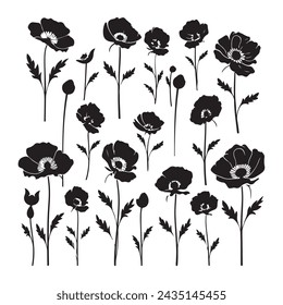 A black silhouette poppy flower set
