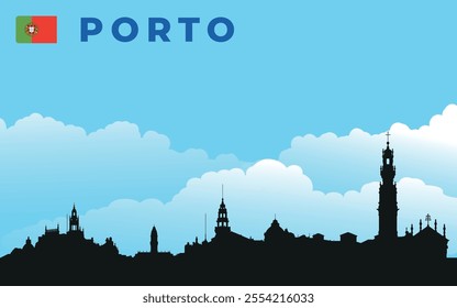 Black silhouette of Porto city skyline with text and flag. Vector on the background of blue sky and white clouds