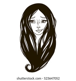 Black the silhouette portrait of a girl with a surprised expression on his face. Girl with long hair isolated on white background