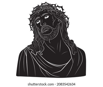  Black silhouette Portrait of Jesus Christ suffering with crown of thorns isolated on white