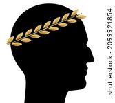 Black silhouette portrait of a leader or winner man, with golden laurel crown, isolated on white background. Ancient Greece or Roman emperor, caesar, ruler, or king vector portrait.