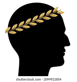 Black silhouette portrait of a leader or winner man, with golden laurel crown, isolated on white background. Ancient Greece or Roman emperor, caesar, ruler, or king vector portrait.