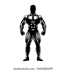 Black silhouette of posing BodyBuilder isolated white background 