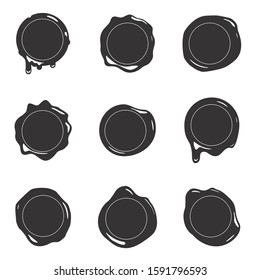 Black silhouette postage wax seal scroll stamp empty sign diploma certificate isolated on white mockup set icons design vector illustration