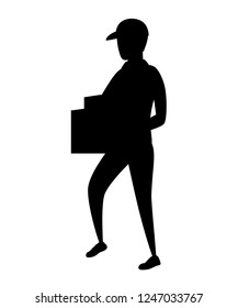 Black silhouette. Postal courier. Delivery worker holding two cardboard boxes. Cartoon character design. Delivery of parcel and packages. Flat vector illustration isolated on white background.
