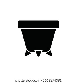 Una silueta negra de una olla con tres pies triangulares sobre un fondo blanco.