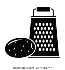 Black silhouette of a potato grater and single potato on white background, cooking appliance, kitchenware, food preparation tool.