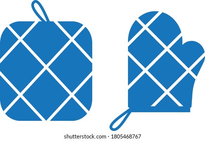 Black silhouette. Potholder and oven mitt. Protective fabric tissue cloth with square pattern. Flat vector illustration isolated on white background.