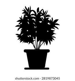 Black silhouette of a potted plant with dense, leafy foliage, isolated on a white background, emphasizing natural growth and botanical beauty.