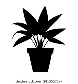 A black silhouette of a potted plant featuring large, prominent leaves, isolated on a white background, emphasizing natural growth and botanical beauty.