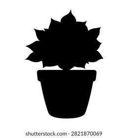A black silhouette of a potted plant featuring spiky leaves against a plain background, emphasizing shape and form in minimalistic style.