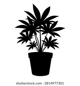 Black silhouette of a potted plant with multiple leafy branches, isolated on a white background, emphasizing natural growth and botanical beauty.