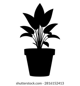 Black silhouette of a potted plant with multiple leaves and a blooming flower, isolated on a white background, emphasizing natural growth and gardening.