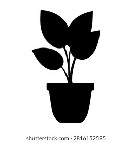 A black silhouette of a potted plant with multiple leaves on a white background, emphasizing simplicity and natural growth.