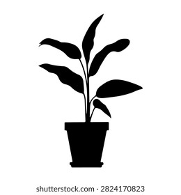 Black silhouette of a potted plant with multiple leaves, isolated on a white background, emphasizing natural growth and botanical beauty.