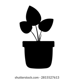 Black silhouette of a potted plant with three leaves on a plain background, emphasizing natural growth and botanical simplicity.