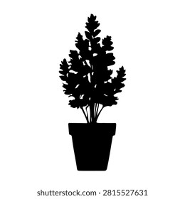 Black silhouette of a potted tree with lush foliage, isolated on a white background, emphasizing natural plant growth and decorative gardening.