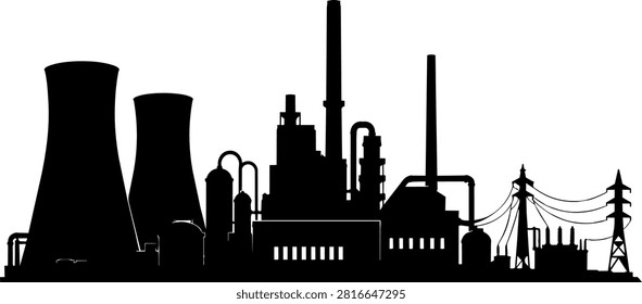 Black silhouette of power plant complex with two large cooling towers piping structures and transmission line pylons on white background.