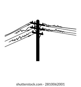 Black silhouette of a power pole with multiple wires and insulators on white background