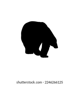 Black silhouette of powerful bear walking, flat cartoon vector illustration isolated on white background. Wild strong bear dark shape and outline image.