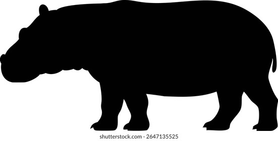 Black silhouette of a powerful hippo standing in profile against a white background