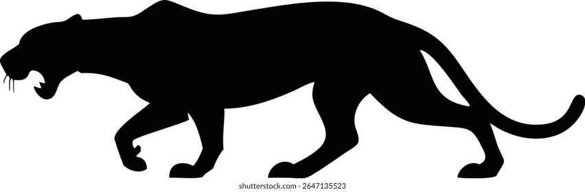 Black silhouette of a powerful panther walking across a white background
