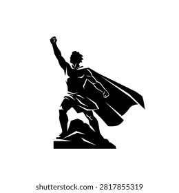 A black silhouette of a powerful superhero with a flowing cape, standing triumphantly on a rocky outcrop with one fist raised in the air.