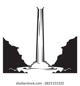 Black silhouette of a powerful waterfall cascading down between rocky cliffs, isolated for nature and landscape