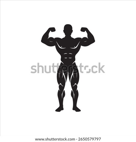 A black silhouette of a powerfully built man displaying his physique and muscles.
