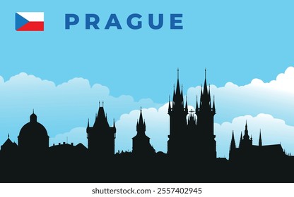 Black silhouette of Prague city skyline with text and flag. Vector on the background of blue sky and white clouds