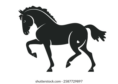 Black silhouette of a prancing horse with a small heart shape on its hindquarters, designed in a minimalist and elegant style