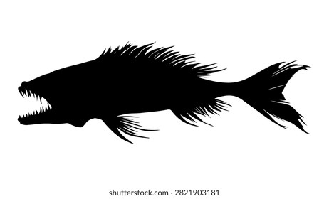 Black silhouette of a predatory fish with sharp teeth and spiny fins, emphasizing its aggressive and wild nature in a minimalist style.